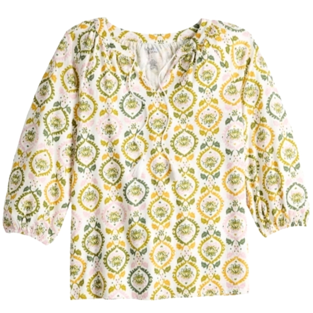 Croft & Barrow Women's Tassel Peasant Floral Blouse -‎ White, Olive & Yellow XXL